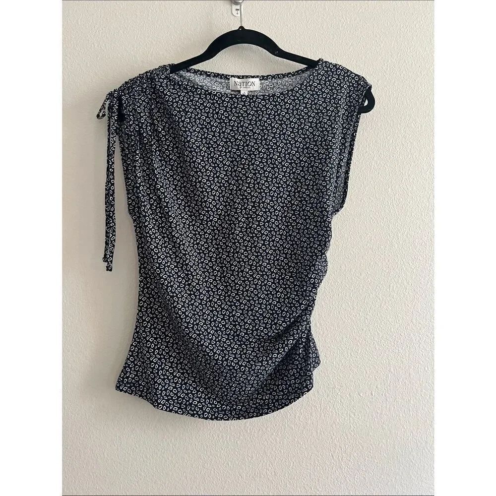 NWT Nation LTD Julie Shoulder Tie Top Navy White Abstract Print Pima Cotton S